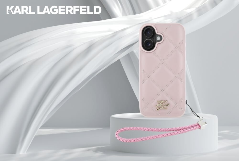 Etui KARL LAGERFELD Quilted Initial Logo & Chain Strap do Apple iPhone 16 Różowy smartfon w etui na postumencie, logo marki w tle