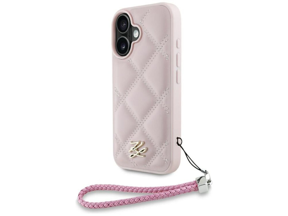 Etui KARL LAGERFELD Quilted Initial Logo & Chain Strap do Apple iPhone 16 Różowy etui na białym tle porty, przyciski, dostęp, krawędzie, odporność, uderzenia, uszkodzenia, zarysowania