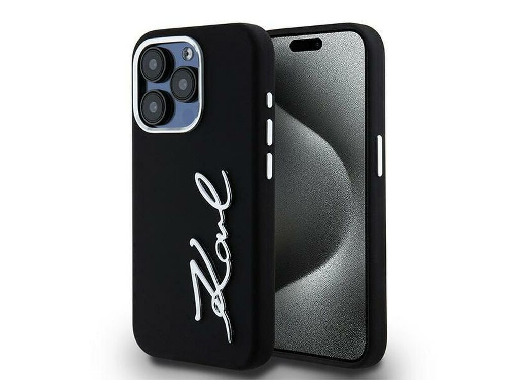 Etui KARL LAGERFELD Silicone Metal Script Logo do Apple iPhone 15 Pro Max Czarny etui na białym tle detale, designerski akcent, forma, klasyka
