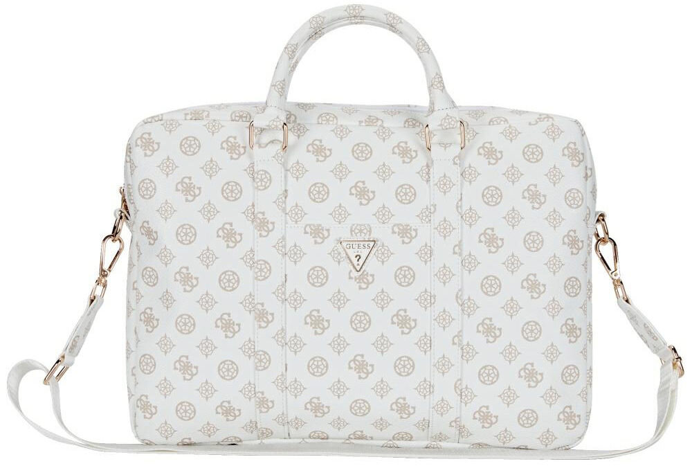 Torba GUESS 4G Peony Front Pocket Zipper Triangle Logo 16 cali Biały torba torebka design styl stylowa laptop białe tło torba stoi przodem biała we wzory pasek uchwyt Styl i funkcjonalność