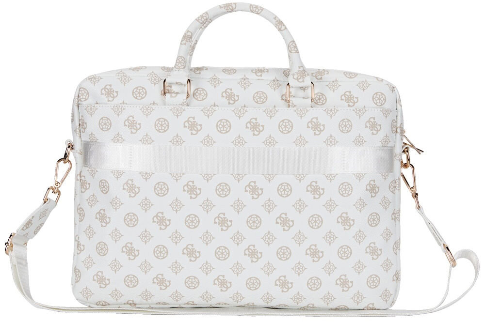 Torba GUESS 4G Peony Front Pocket Zipper Triangle Logo 16 cali Biały logo torba charakter zamek laptop kieszeń przegroda wnętrze uporządkowanie białe tło torba stoi tyłem biała we wzory pasek uchwyt z trwałej skóry ekologicznej wzór 4G subtelne logo GUESS forma trójkąta do przenoszenia laptopów o przekątnej do 16 cali Główna kieszeń zamykana jest na zamek błyskawiczny dodatkowa kieszeń wewnętrzna przestrzeń na dwie przegrody