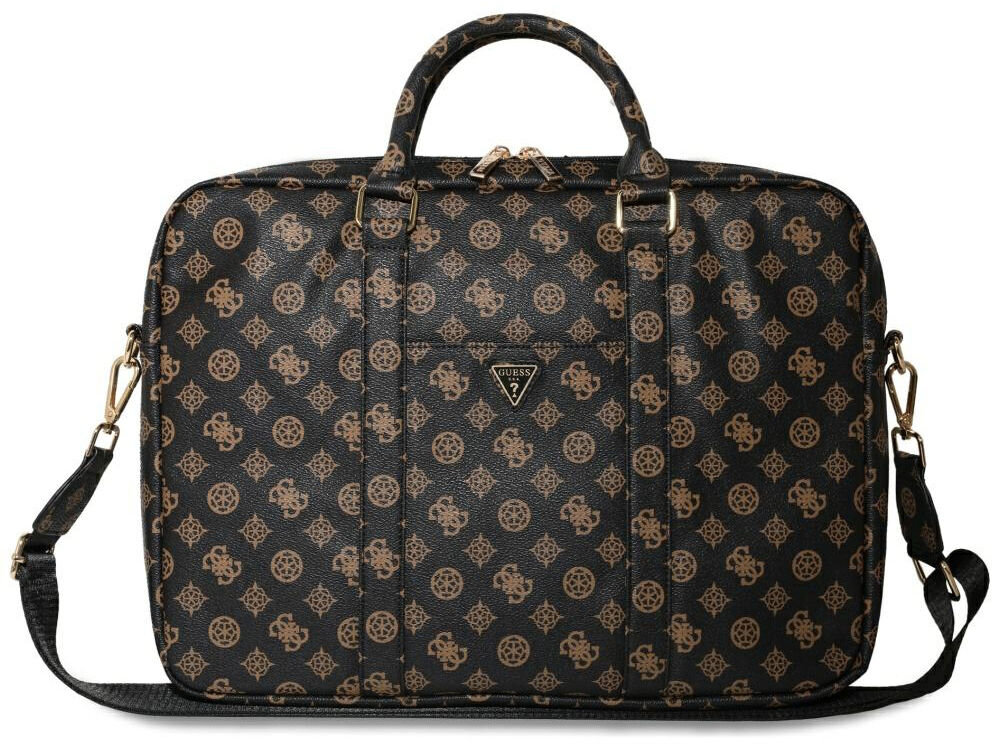 Torba GUESS 4G Peony Front Pocket Zipper Triangle Logo 16 cali Czarny torba torebka design styl stylowa laptop białe tło torba stoi przodem czarna we wzory pasek uchwyt Styl i funkcjonalność