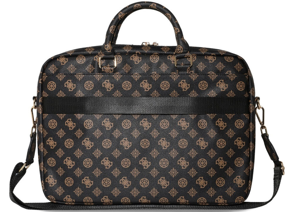 Torba GUESS 4G Peony Front Pocket Zipper Triangle Logo 16 cali Czarny logo torba charakter zamek laptop kieszeń przegroda wnętrze uporządkowanie białe tło torba stoi tyłem czarna we wzory pasek uchwyt z trwałej skóry ekologicznej wzór 4G subtelne logo GUESS forma trójkąta do przenoszenia laptopów o przekątnej do 16 cali Główna kieszeń zamykana jest na zamek błyskawiczny dodatkowa kieszeń wewnątrzna przestrzeń na dwie przegrody