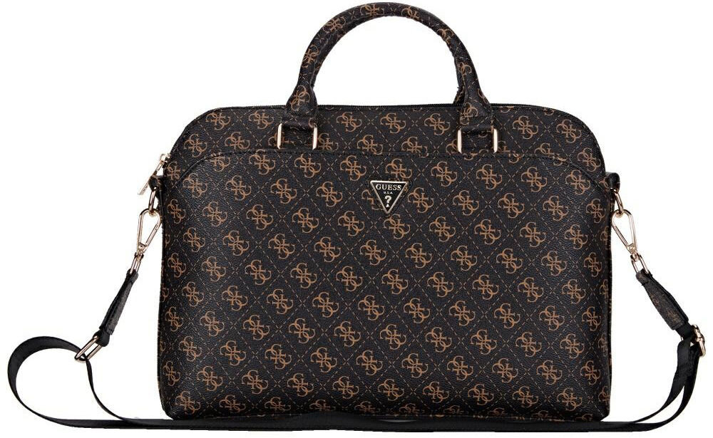 Torba GUESS New 4G Zipper Pocket Triangle Logo 15 torba torebka design styl stylowa laptop bezpieczna organizacja ciemna torba wzór logo rączki pasek białe tło 