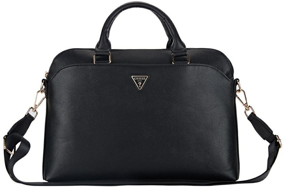 Torba GUESS Grained Zipper Pocket Triangle Logo 15 Czarny torba torebka design styl stylowa laptop styl i funkcjonalność białe tło czarna torba logo pasek rączki 