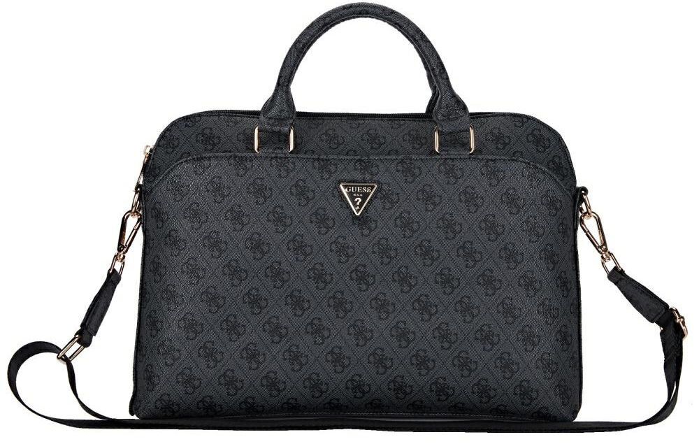 Torba GUESS 4G Zipper Pocket Triangle Logo 15 cali Czarny torba torebka design styl stylowa laptop czarna torba z nadrukami wzory logo uchwyt pasek białe tło styl i funkcjonalność