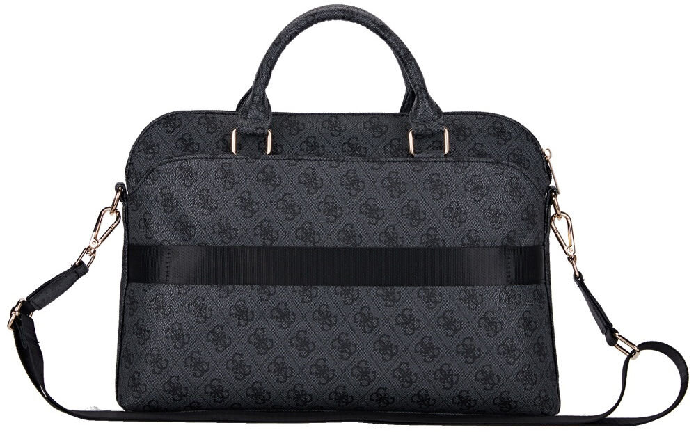 Torba GUESS 4G Zipper Pocket Triangle Logo 15 cali Czarny logo torba charakter zamek laptop kieszeń przegroda wnętrze uporządkowanie tył torby czarna wzory uchwyt pasek białe tło z wysokiej jakości skóry ekologicznej charakterystyczny wzór 4G logo GUESS elegancki charakter dla laptopów o przekątnej ekranu do 15 cali zamek błyskawiczny kieszenie na zatrzaski z przodu i z tyłu Wewnątrz torby znajdują się przegrody 