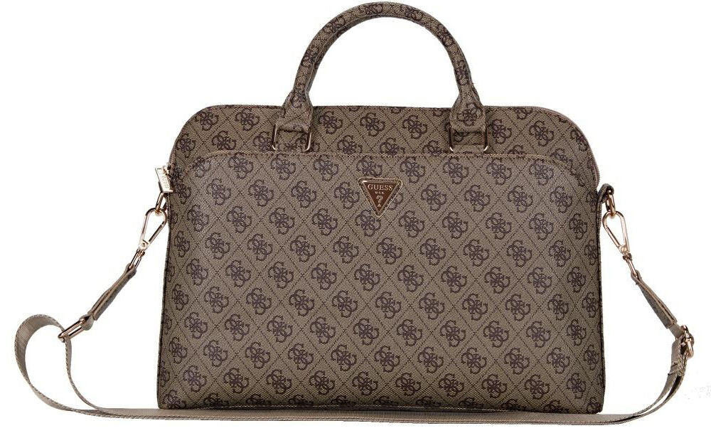 Torba GUESS 4G Zipper Pocket Triangle Logo 15 cali Brązowy torba torebka design styl stylowa laptop brązowa torba z nadrukami wzory logo uchwyt pasek białe tło styl i funkcjonalność