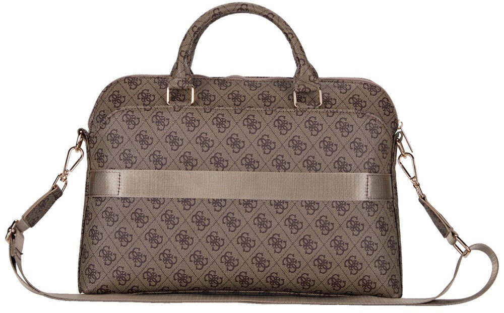 Torba GUESS 4G Zipper Pocket Triangle Logo 15 cali Brązowy logo torba charakter zamek laptop kieszeń przegroda wnętrze uporządkowanie tył torby brązowa wzory uchwyt pasek białe tło z wysokiej jakości skóry ekologicznej charakterystyczny wzór 4G logo GUESS elegancki charakter dla laptopów o przekątnej ekranu do 15 cali zamek błyskawiczny kieszenie na zatrzaski z przodu i z tyłu Wewnątrz torby znajdują się przegrody 