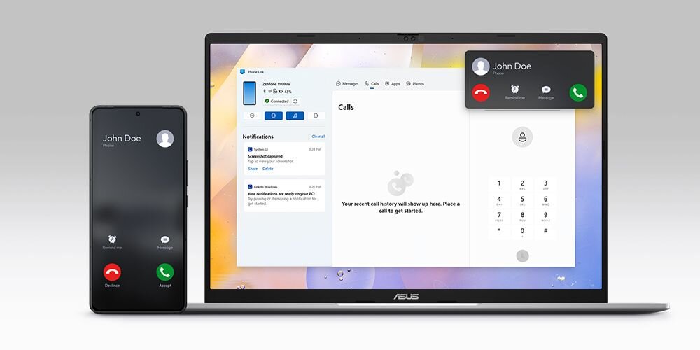 Laptop ASUS VivoBook S16 i telefon z aplikacją, ilustrujące połączenie urządzeń w pracy i życiu codziennym.   - Microsoft Phone Link