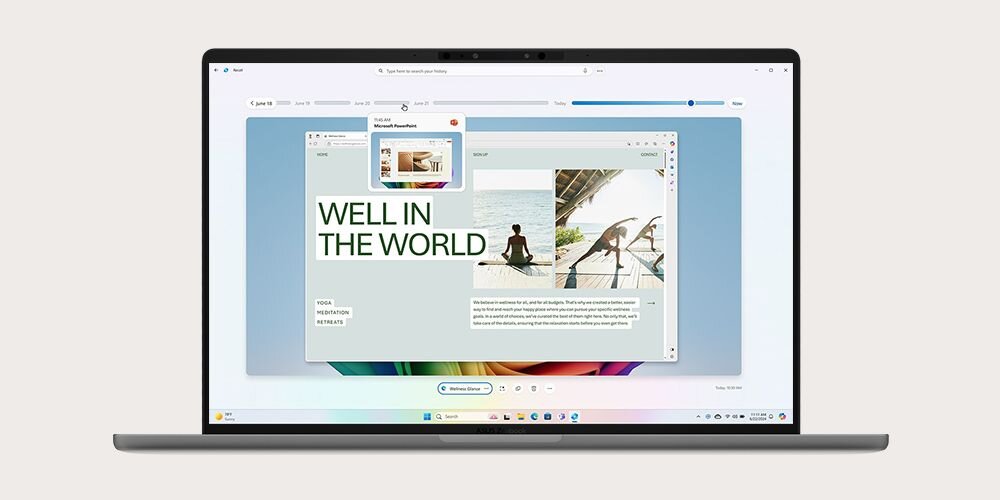 Laptop ASUS ZenBook z funkcją Windows Recall wyświetlającą historię aktywności użytkownika w przeglądarce, pokazujący stronę internetową z nagłówkiem 'Well in the World' na ekranie - wyszukiwanie plików, emaili i stron internetowych za pomocą naturalnego języka