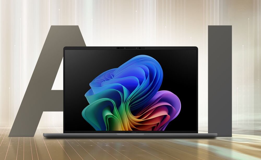 Laptop ASUS Zenbook z ekranem wyświetlającym kolorową abstrakcyjną spiralę z dużymi literami AI w tle na jasnym wnętrzu z panelami ściennymi - Qualcomm Snapdragon X, ARM, LPDDR5X, SSD