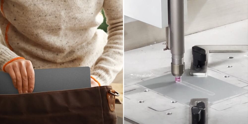 Kompozycja pokazująca laptop ASUS Zenbook w torbie po lewej oraz precyzyjną obróbkę CNC po prawej, ilustracja technologii minimalizującej ślady użytkowania i odciski palców na powierzchni - Wysoka odporność na tarcie
