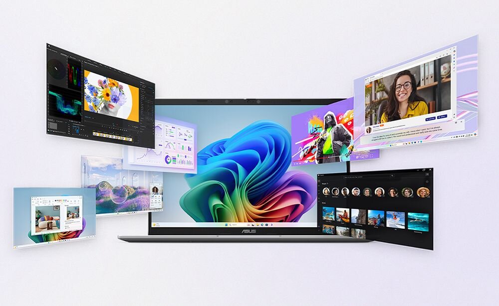 Laptop ASUS VivoBook 14 z kolorową abstrakcyjną spiralą na ekranie otoczoną unoszącymi się aplikacjami - edycja wideo, wideokonferencja, galeria zdjęć i inne programy - Qualcomm Snapdragon, Adreno, pamięć LPDDR5X, SSD, Wi-Fi 6E