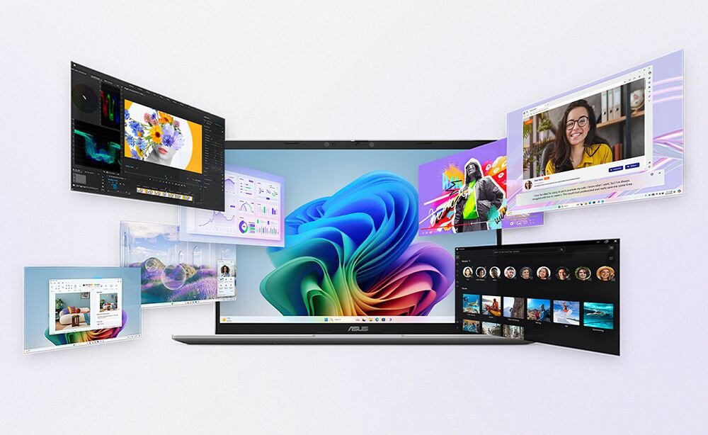 Laptop ASUS Vivobook 16 z wieloma ekranami na których wyświetlane są różne obrazy - Procesor Intel  Wi-Fi 6E dysk SSD