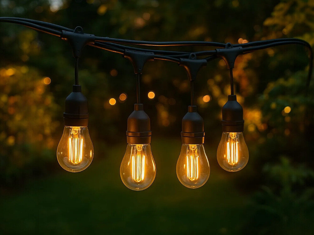 Na obrazie widoczne są cztery żarówki zawieszone na czarnym kablu, świecące ciepłym, żółtym światłem. W tle znajduje się rozmyte, zielone otoczenie ogrodu.