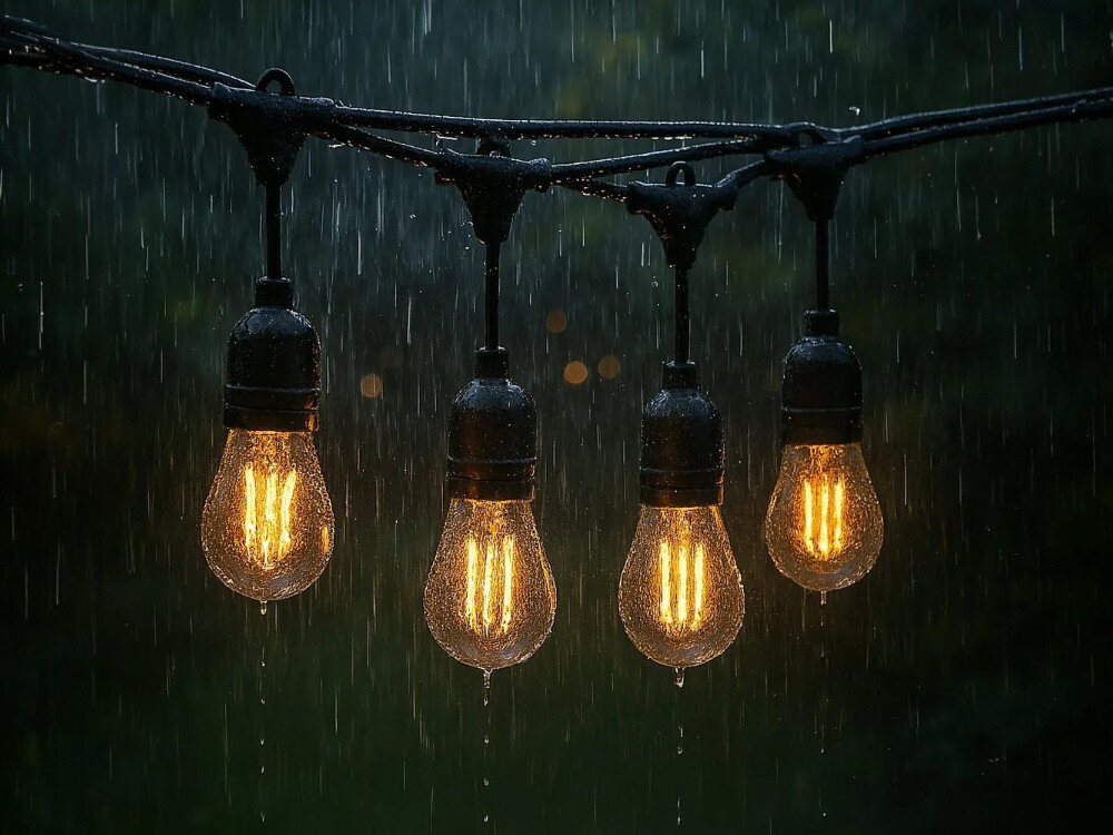 Cztery żarówki wiszące na kablu, świecące ciepłym światłem w deszczu. Tło jest ciemne, co podkreśla blask żarówek.