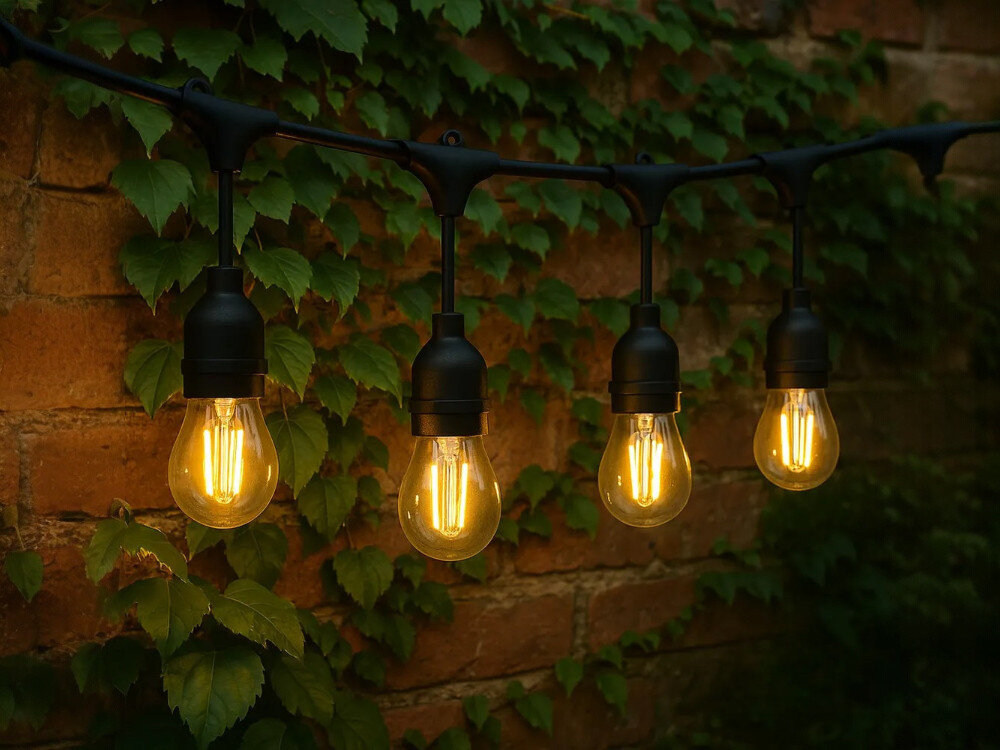 Na tle ceglanej ściany porośniętej zielonymi liśćmi wisi girlanda z czterema żarówkami emitującymi ciepłe, żółte światło.