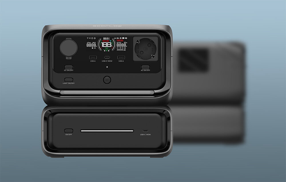 Stacja zasilania ECOFLOW River 3 Max 572 Wh Bank energii, Wiele dostępnych gniazdek, Na pierwszym planie stacja od frontu