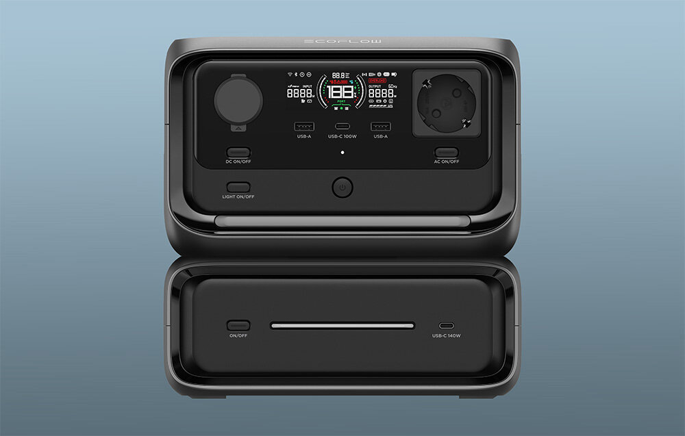 Stacja zasilania ECOFLOW River 3 Max 572 Wh Bank energii, Kilka możliwości ładowania, Stacja stoi pionowo pokazana od frontu na wprost