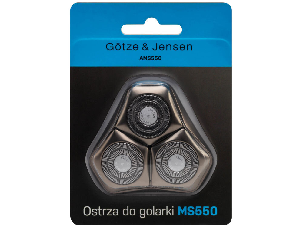 Opakowanie ostrzy do golarki Götze & Jensen AMS550 z trzema okrągłymi ostrzami. Na opakowaniu widnieje napis: \'Ostrza do golarki MS550\'.