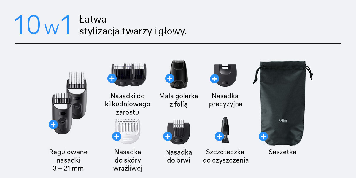 Trymer BRAUN Seria 5 BT5560 łatwa stylizacji twarzy i głowy regulowane nasadki 3 do 21 mm nasadki do kilkudniowego zarostu nasadka do skóry wrażliwej mała golarka z folią nasadka do brwi nasadka precyzyjna szczoteczka do czyszczenia saszetka