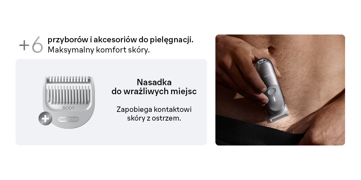 Trymer BRAUN Seria 7 BG7550 napis plus 6 przyborów i akcesoriów do pielęgnacji nasadka do wrażliwych miejsc zapobiega kontaktowi skóry z ostrzem