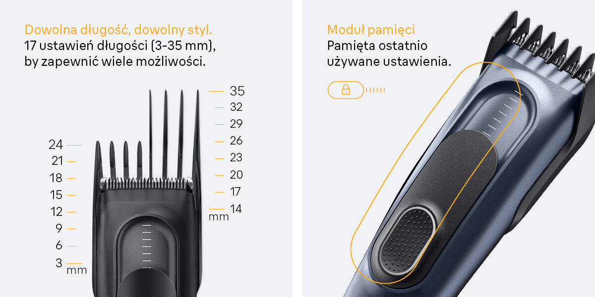 Strzyżarka BRAUN HC5530 3-35 mm dowolna długość dowolny styl 17 ustawień długości 3-35 mm by zapewnić wiele możliwości moduł pamięci pamięta ostatnio używane ustawienia