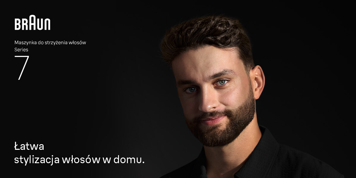 Strzyżarka BRAUN HC7590 3-35 mm uśmiechnięty mężczyzna napis łatwa stylizacja włosów w domu