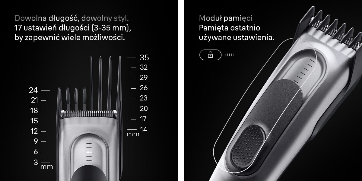 Strzyżarka BRAUN HC7590 3-35 mm napis dowolna długość dowolny styl 9 ustawień długości 3-35 mm by zapewnić wiele możliwości moduł pamięci pamięta ostatnio używane ustawienia