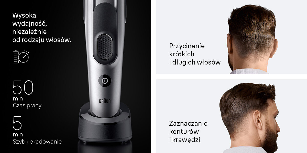 Strzyżarka BRAUN HC7590 3-35 mm napis wysoka wydajność niezależnie od rodzaju włosów czas pracy 50 minut szybkie ładowanie 5 minut przycinanie krótkich i długich włosów zaznaczenie konturów i krawędzi