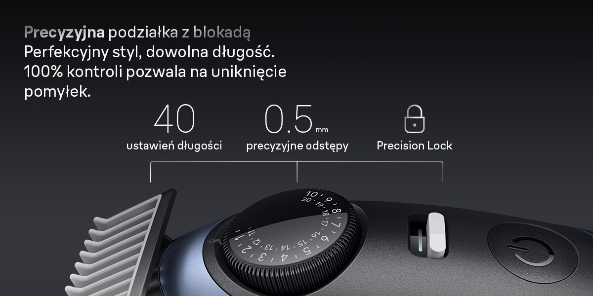 Trymer BRAUN Seria 7 BT7540 napis precyzyjna podziałka z blokadą perfekcyjny styl, dowolna długość 100% kontroli pozwala na uniknięcie pomyłek 40 ustawień długości 0,5 mm precyzyjne odstępy precision lock