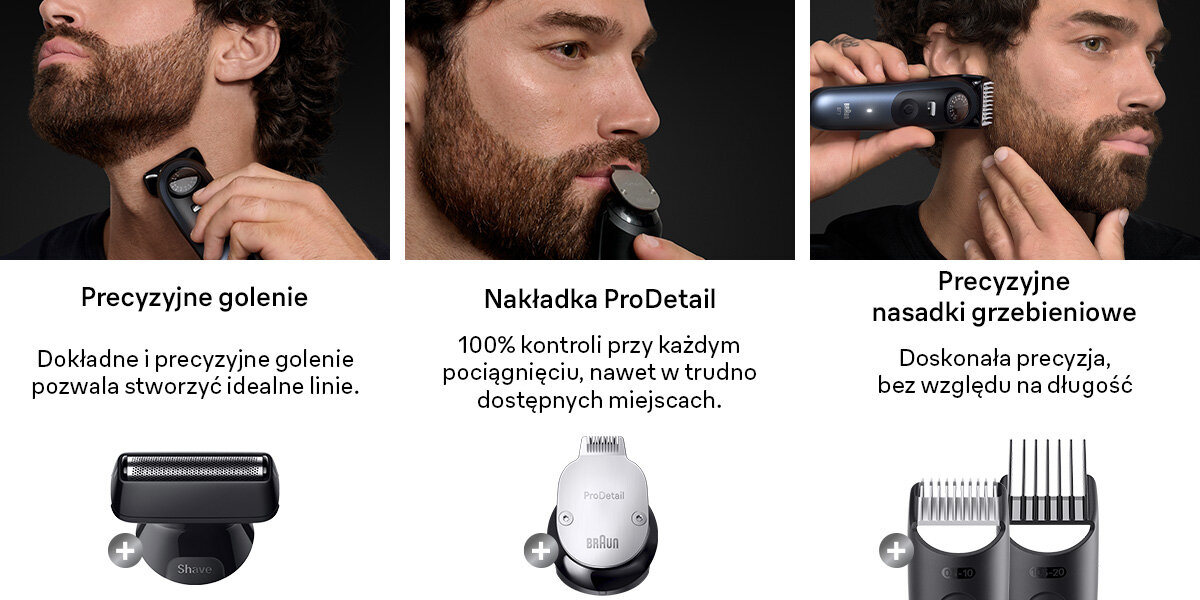 Trymer BRAUN Seria 7 BT7540 napis precyzyjne golenie dokładne i precyzyjne golenie pozwala stworzyć idealne linie nakładka prodetail 100% kontroli przy każdym pociagnięciu nawet w trudno dostępnych miejscach precyzyjne nasadki grzebieniowe doskonała precyzja bez względu na długość