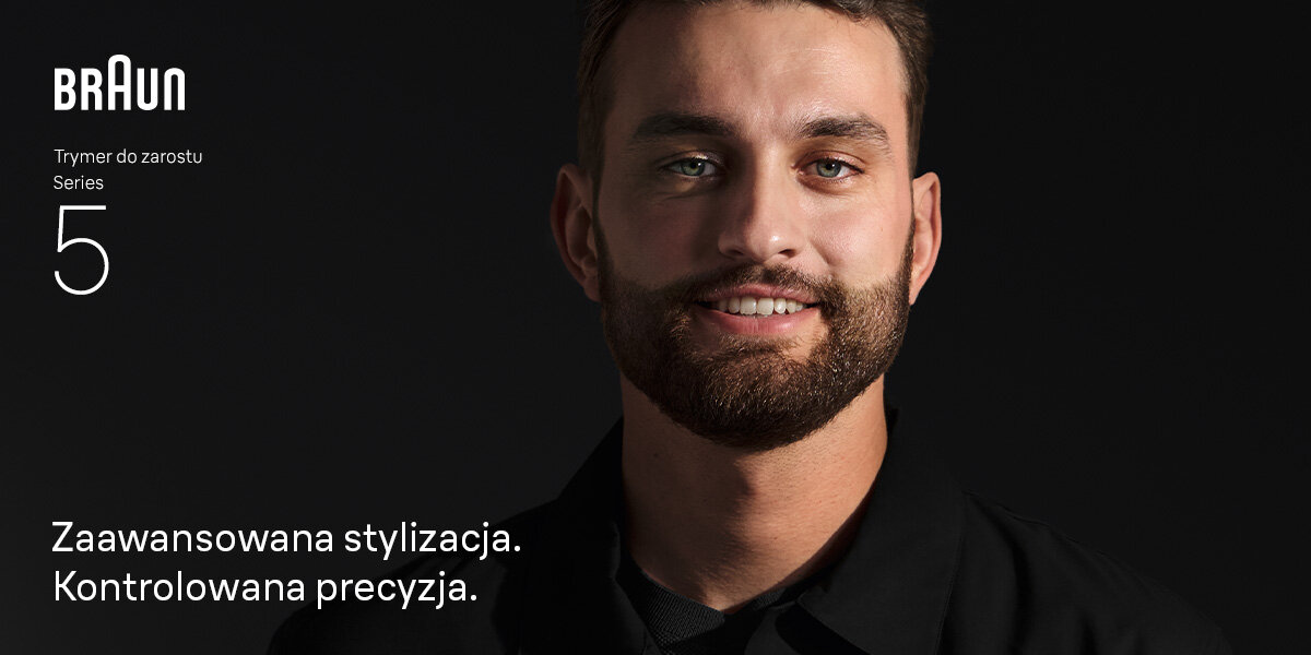 Trymer BRAUN Seria 5 BT5560 uśmiechnięty mężczyzna napis zaawansowana stylizacja kontrolowana precyzja