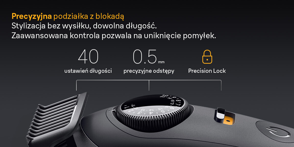 Trymer BRAUN Seria 5 BT5560 napis precyzyjna podziałka z blokadą stylizacja bez wysiłku dowolna długość zaawansowana kontrola pozwala na uniknięcie pomyłek 40 ustawień długości 0,5 mm precyzyjne odstępy precision lock