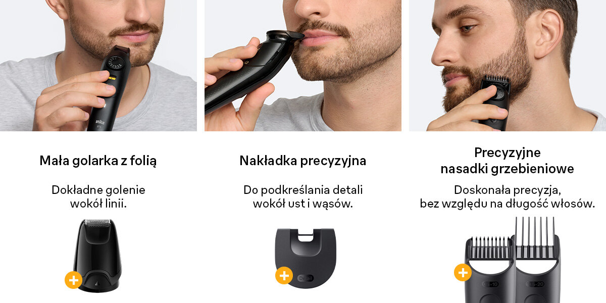 Trymer BRAUN Seria 5 BT5560 napis mała golarka z folią dokładne golenie wokół linii nakładka precyzyjna do podkreślenia detali wokół ust i wąsów przecyzyjne nasadki grzebieniowe doskonała precyzja, bez względu na długość włosów