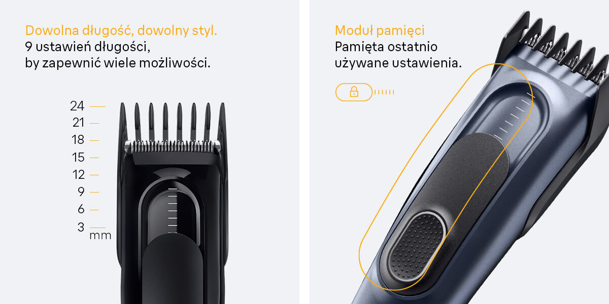 Strzyżarka BRAUN HC5510 3-24 mm napis dowolna długość dowolny styl 9 ustawień długości 3-24 mm by zapewnić wiele możliwości moduł pamięci pamięta ostatnio używane ustawienia