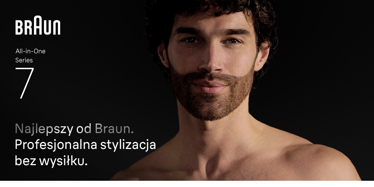 Trymer BRAUN Multigroom Seria 7 AIO7560 uśmiechnięty mężczyzna napis najlepszy od braun profesjonalna stylizacja bez wysiłku