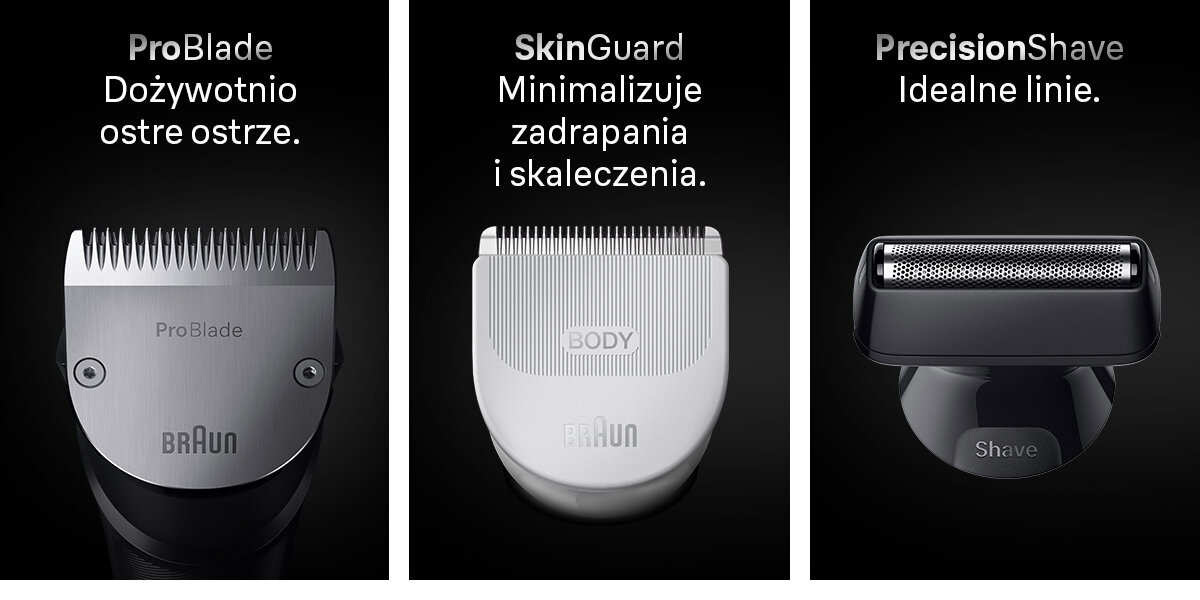 Trymer BRAUN Multigroom Seria 7 AIO7560 napis problade dożywotnio ostre ostrze skinguard minimalizuje zadrapania i skaleczenia precisionshave idealne linie