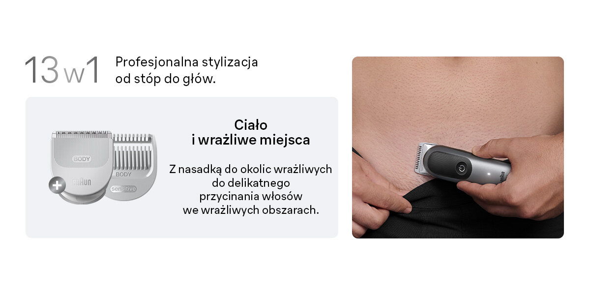 Trymer BRAUN Multigroom Seria 7 AIO7560 napis ciało i wrażliwe miejsca z nasadką do okolic wrażliwych do delikatnego przycinania włosów we wrażliwych obszarach