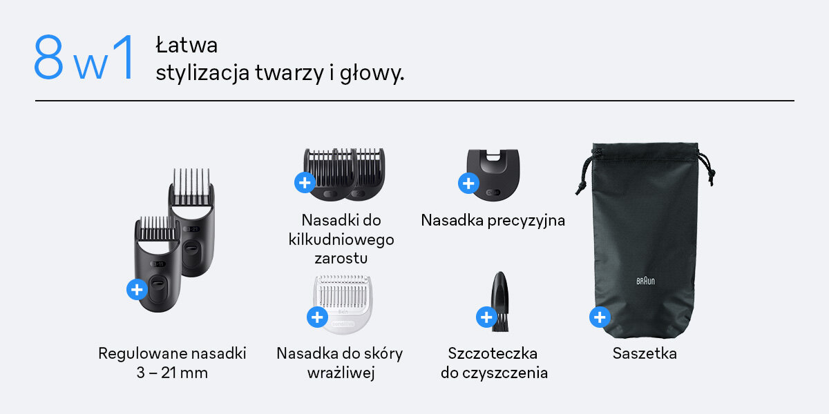 Strzyżarka BRAUN AIO3540 0.5-21 mm łatwa stylizacji twarzy i głowy regulowane nasadki 3 do 21 mm nasadki do kilkudniowego zarostu nasadka do skóry wrażliwej nasadka precyzyjna szczoteczka do czyszczenia saszetka