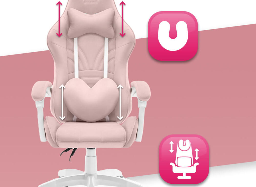 Fotel Gamingowy HELL'S CHAIR Rainbow 2.0 Różowy  prezentacja fotela na białym tle z paskiem gradientu strzałkami zaznaczona możliwość regulacji poduszek ikony poduszka lędźwiowa poduszka wspierająca mięśnie karku odpowiednie podparcie dla ciała komfort suwak wymiana wypełnienia indywidualne potrzeby
