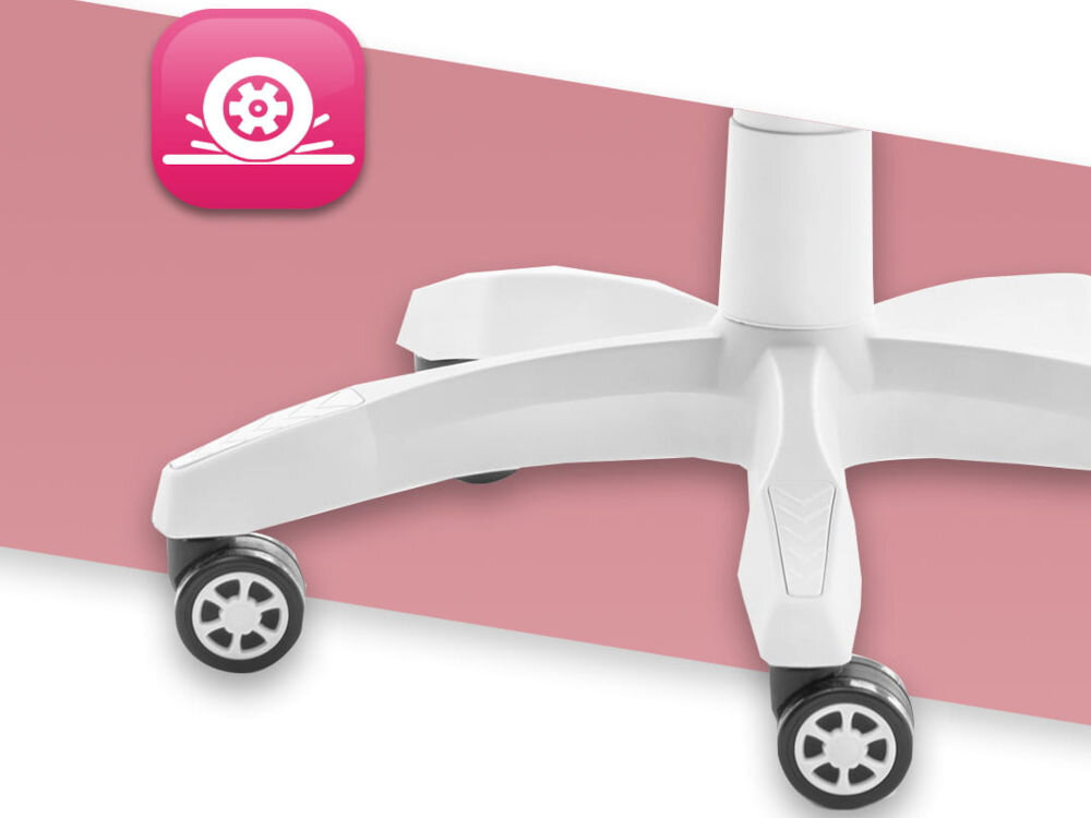 Fotel Gamingowy HELL'S CHAIR Rainbow 2.0 Różowy  zbliżenie na kółka na białym tle z paskiem gradientu ikona kółek poliuretanowo-kauczukowa powłoka cicha i płynna praca ochrona podłogi