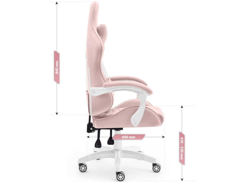 Fotel Gamingowy HELL'S CHAIR Rainbow 2.0 Różowy  prezentacja fotela od boku na białym tle z wymiarami stabilność