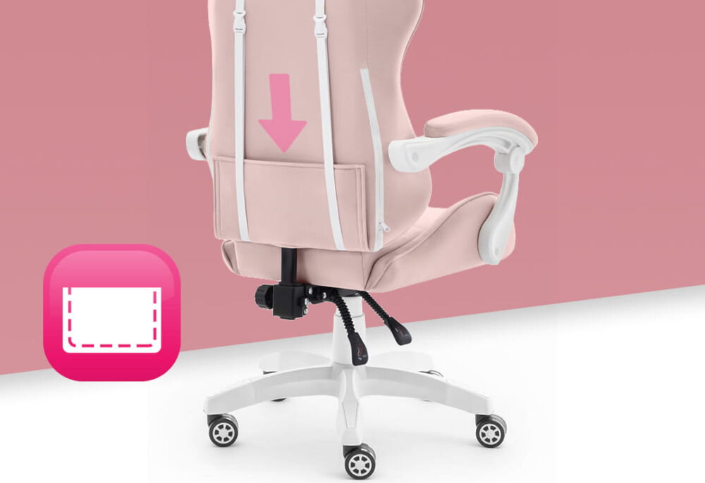 Fotel Gamingowy HELL'S CHAIR Rainbow 2.0 Różowy  prezentacja fotela od tyłu pokazanie strzałką kieszeni obok ikona białe tło z paskiem gradientu kieszeń z tyłu oparcia praktyczny schowek