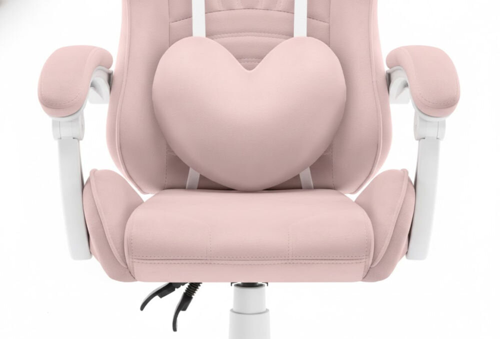 Fotel Gamingowy HELL'S CHAIR Rainbow 2.0 Różowy  zbliżenie na siedzisko i poduszkę fotela jasne tło dbałość o elementy trwała i oddychająca tkanina HD profilowana poduszka pod lędźwie tapicerowane podłokietniki