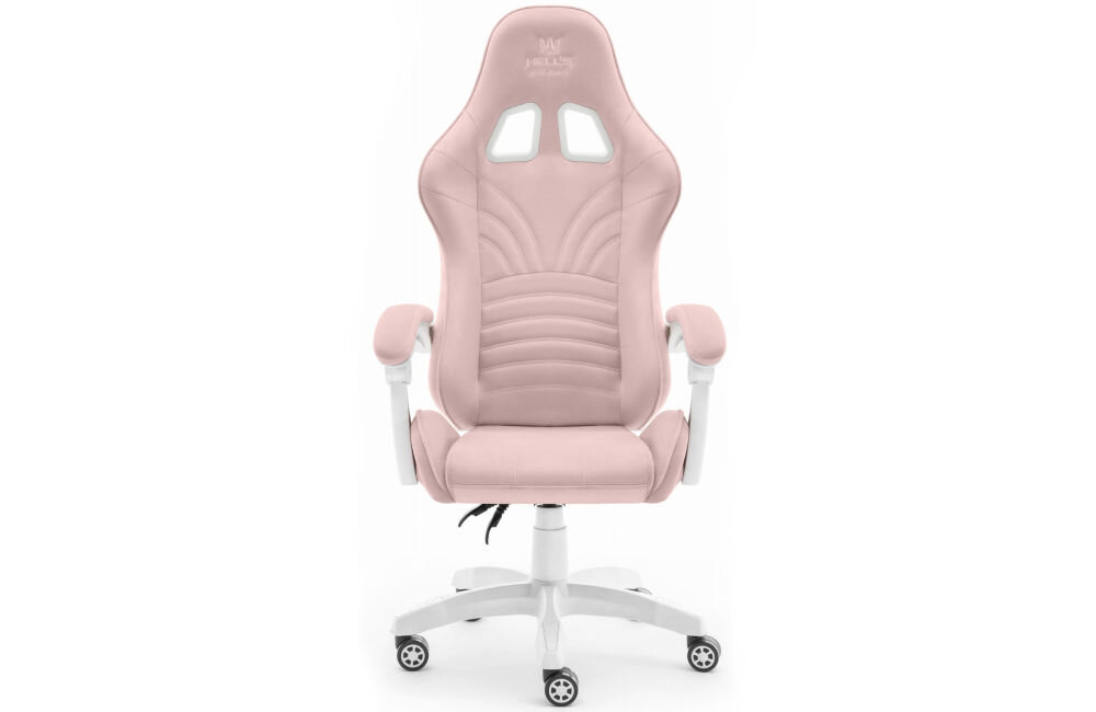Fotel Gamingowy HELL'S CHAIR Rainbow 2.0 Różowy  prezentacja fotela od przodu na jasnym tle solidna konstrukcja wypełnienie z termo-elastycznej pianki Free Air zimnej pianki CF sprzyja utrzymaniu prawidłowej postawy