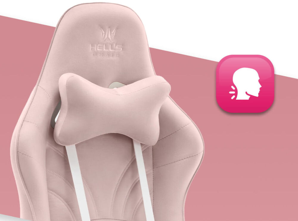 Fotel Gamingowy HELL'S CHAIR Rainbow 2.0 Różowy  zbliżenie na oparcie i poduszkę na białym tle z paskiem gradientu ikona wyprofilowana poduszka wsparcie głowy i mięśni karku komfort suwak indywidualny poziom miękkości