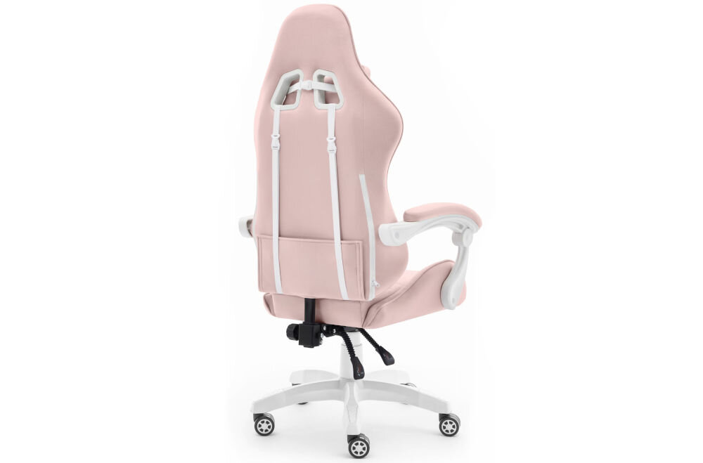 Fotel Gamingowy HELL'S CHAIR Rainbow 2.0 Różowy  prezentacja fotela od tyłu pod kątem na jasnym tle wyprofilowany kształt oparcia zapobieganie dolegliwościom bólowym kręgosłupa utrzymanie prawidłowej postawy komfort
