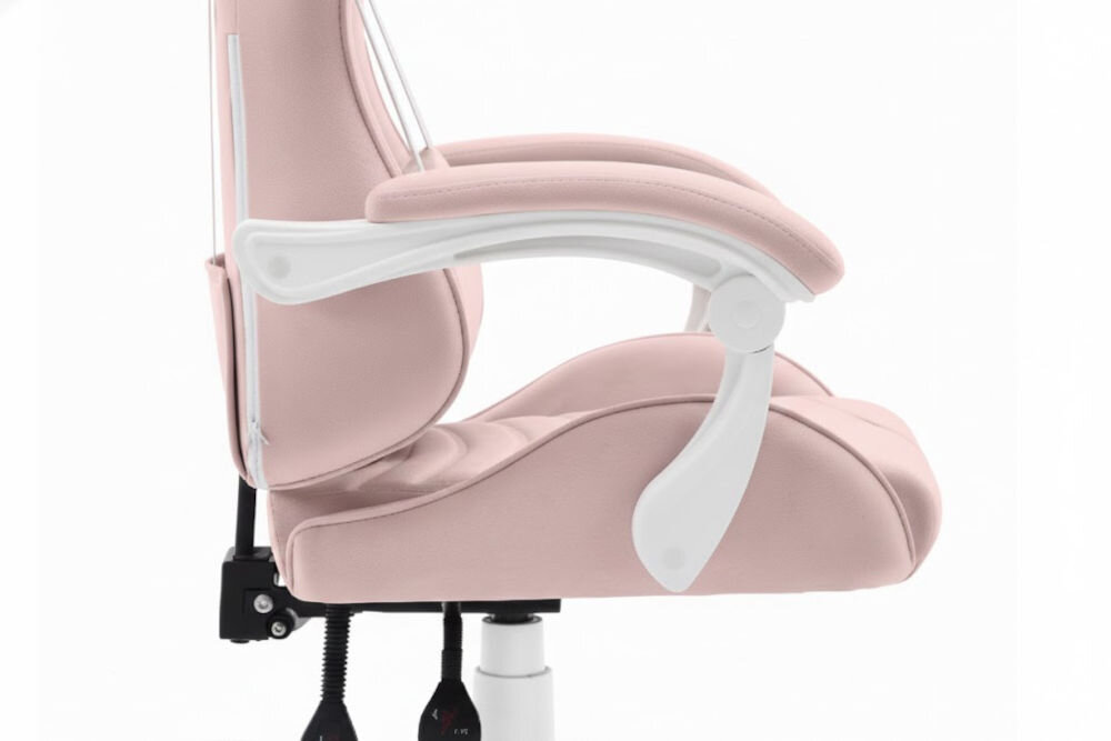 Fotel Gamingowy HELL'S CHAIR Rainbow 2.0 Różowy  zbliżenie na podłokietniki jasne tło miękkie wypełnienie solidne podparcie spójna stylistyka komfort przedramion